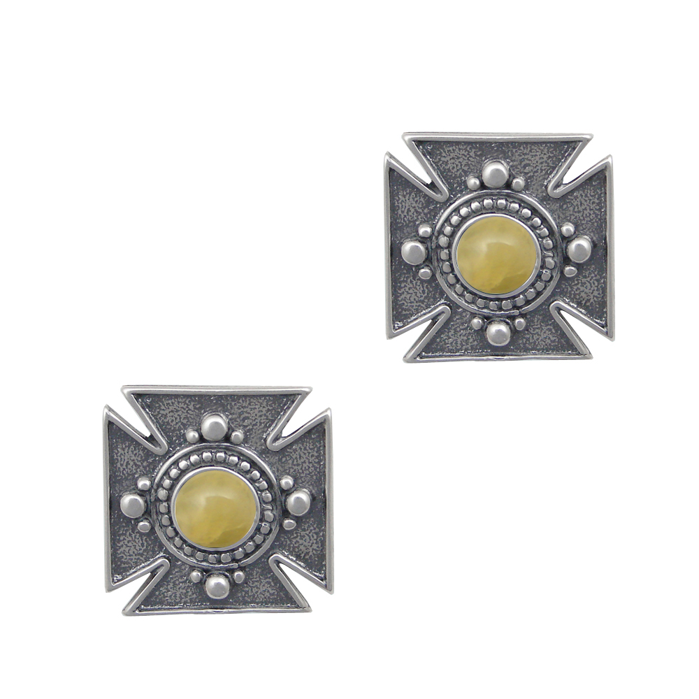Sterling Silver Small Iron Cross Post Stud Earrings With Yellow Jade